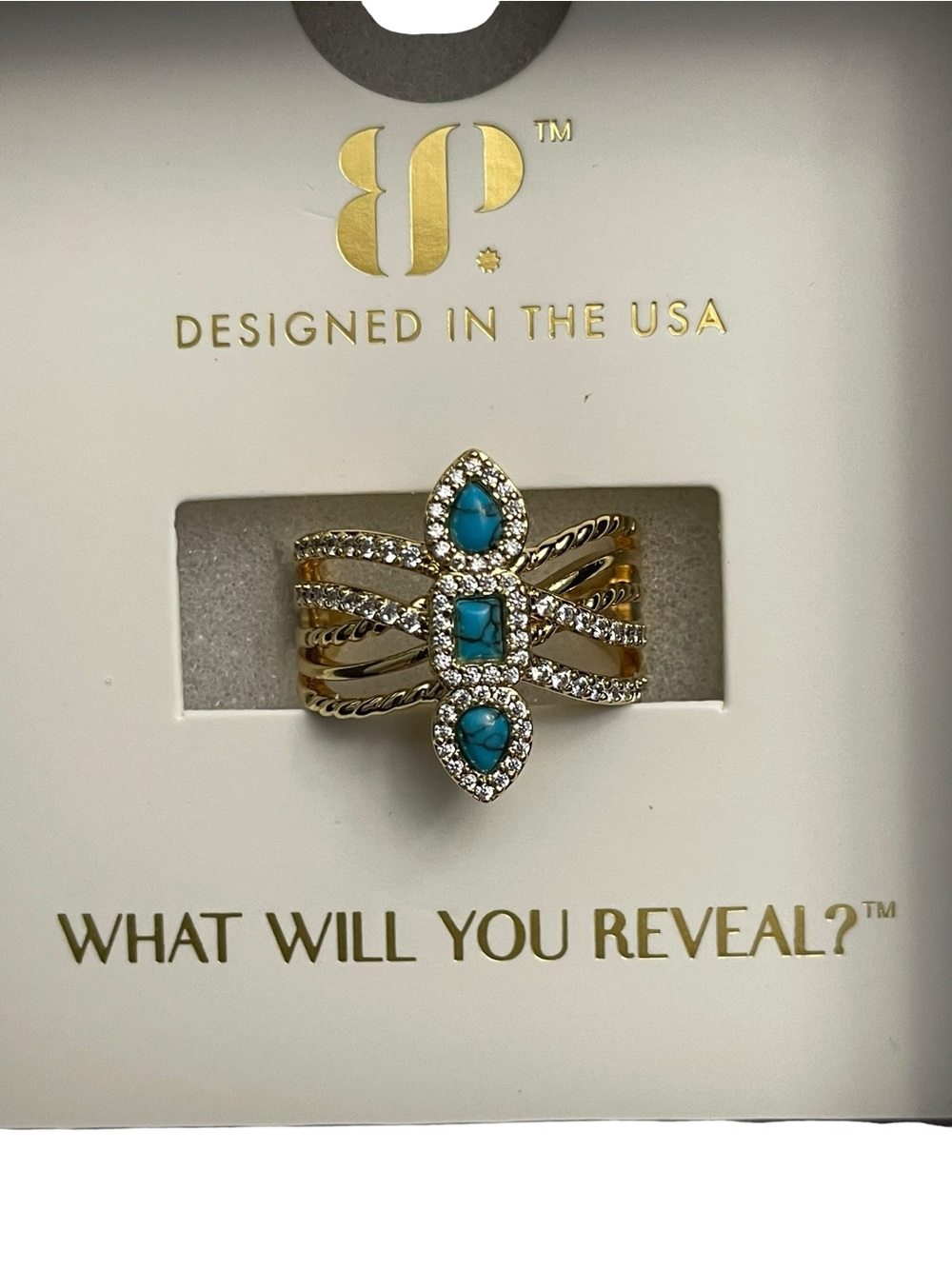 Bomb Party Outlaw Ring size 6 “Iron Lasso” Turquoise Magnesite/Gold Plating NIB